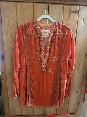 Johnny Was Orange/Rust Color Embroidered Velvet Tunic